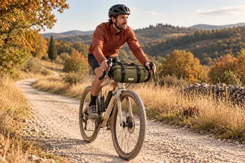 Rowerzysta z torbą DRIFT 4L na spokojnej szutrowej trasie.